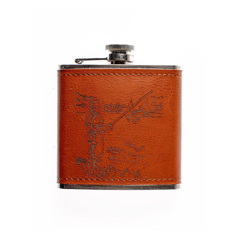 Brown leather hip flask with silver metal cap engraved fishing scene perfect for outdoor use