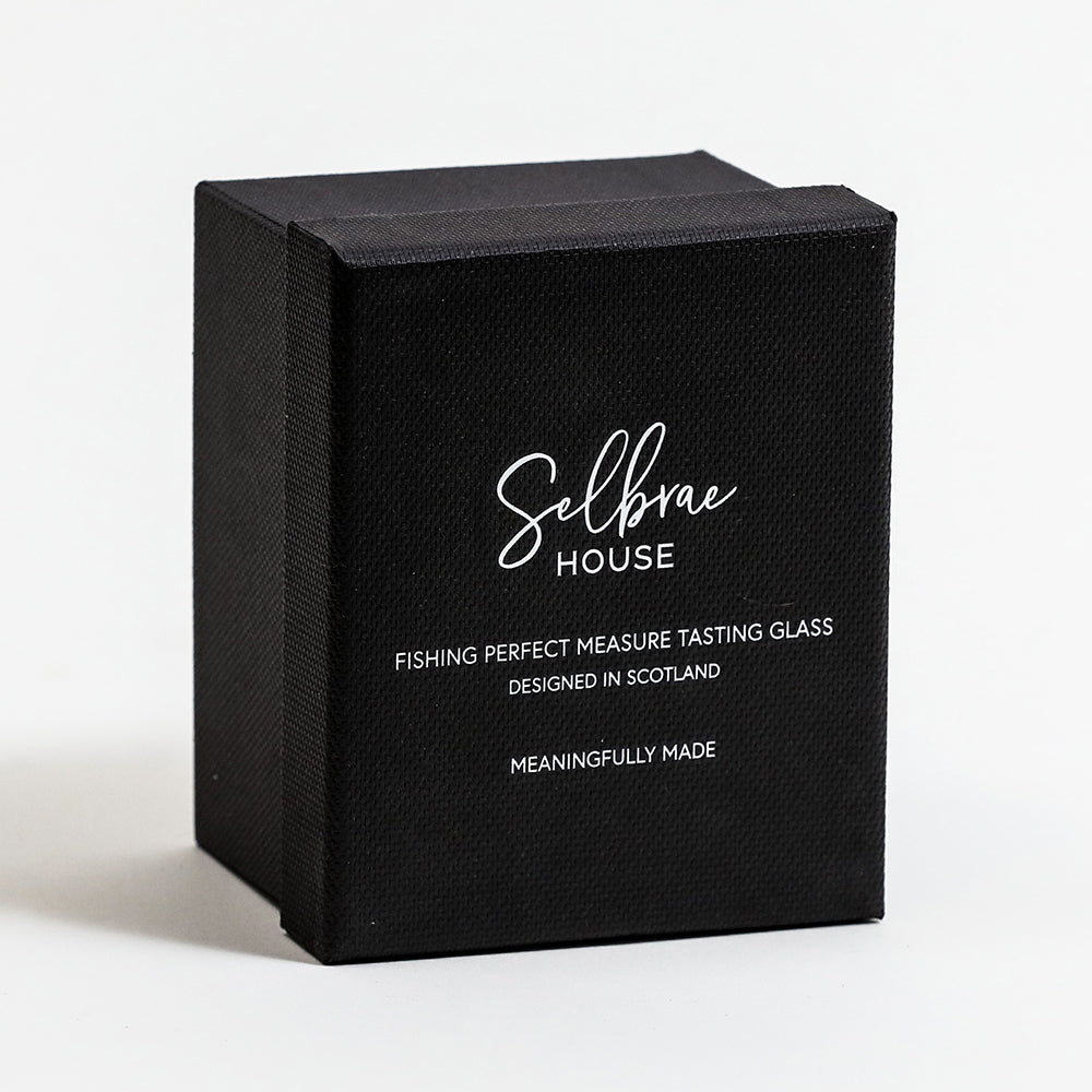 Black textured gift box for fishing perfect measure tasting glass designed in scotland with perfect measure features