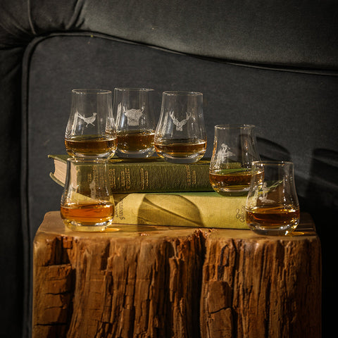 Set of six clear glass perfect measure tasting glasses etched with animal designs for fishing perfect measure tasting
