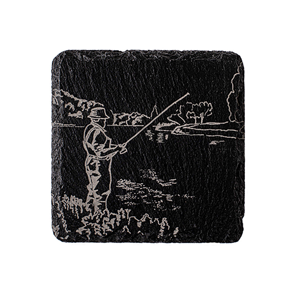 Black slate single slate coaster with detailed white engraved fisherman casting a line perfect for fishing fans