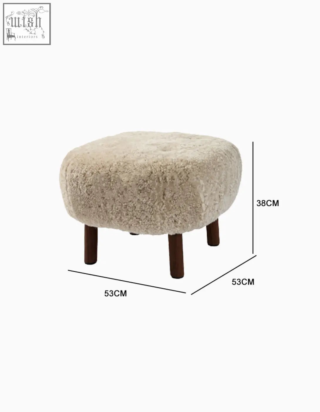 Beige sheepskin ottoman with dark wood legs complementing fitz armchair made with artificial wool lounge chair style