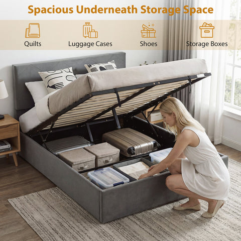 HOMCOM King Size Bed Frame Gas Side Lift Under Bed Storage Upholstered Platform Bed Tufted Headboard for 150 x 200 cm Mattress
