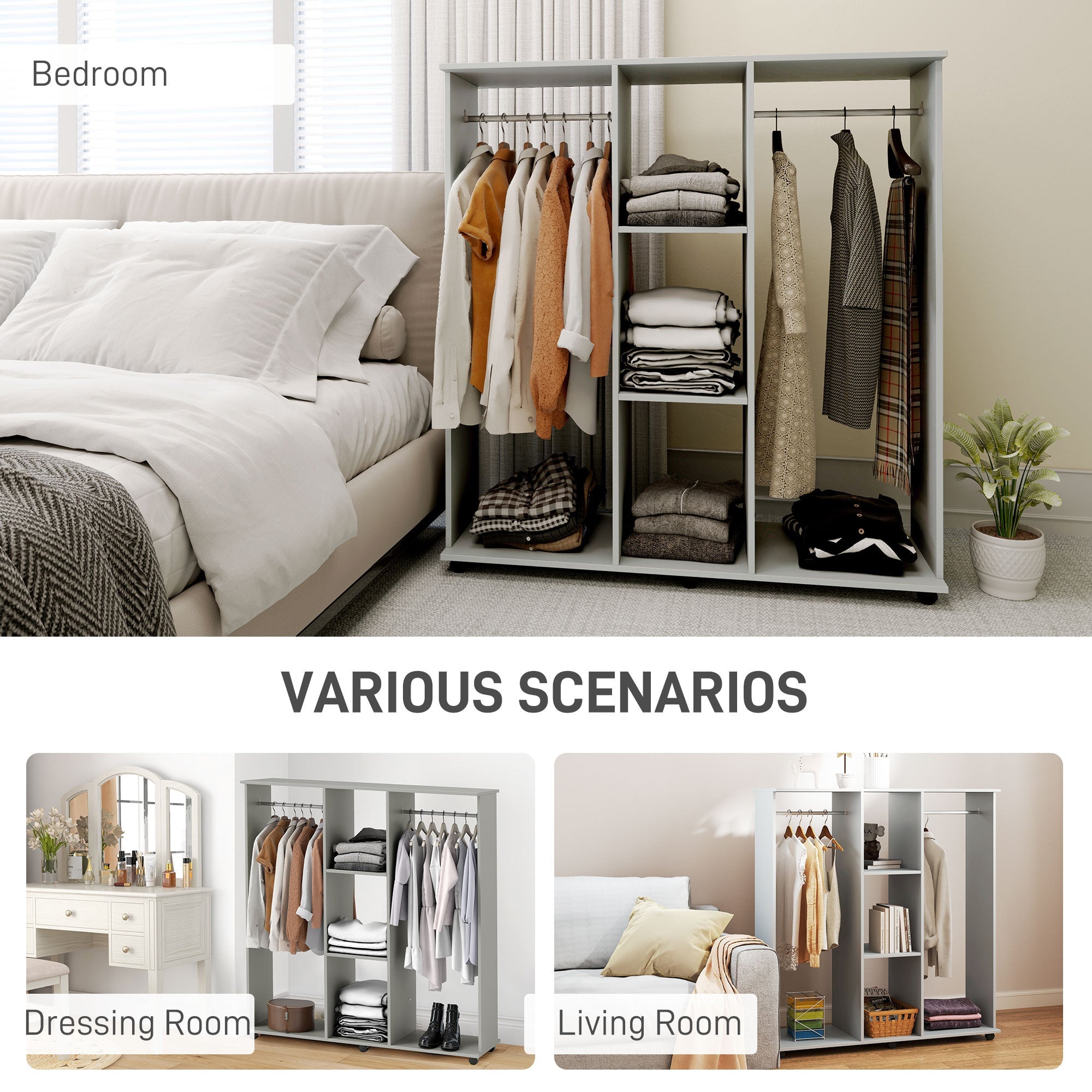HOMCOM Open Wardrobe Double Mobile Storage Shelves Organizer W/6 Wheels-Grey
