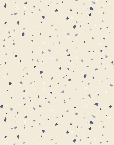 Beige terrazzo surface with navy blue gray and white flakes perfect for stylish durable flooring called flake