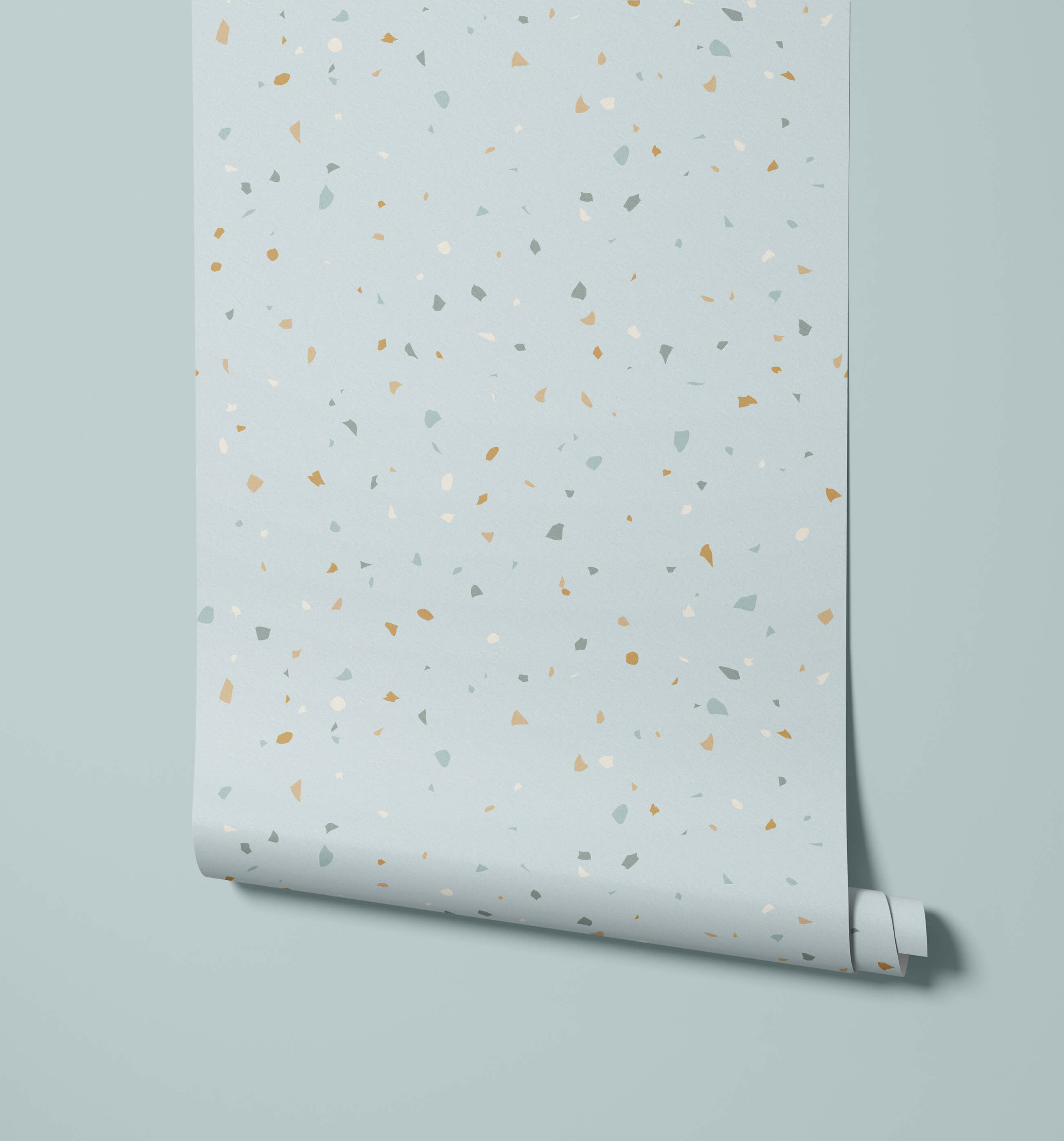 A light gray terrazzo-patterned wallpaper roll called flake with gold white and muted blue specks