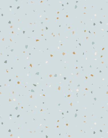 Fluke light blue terrazzo surface with scattered gray beige and gold specks perfect for stylish flooring or decor
