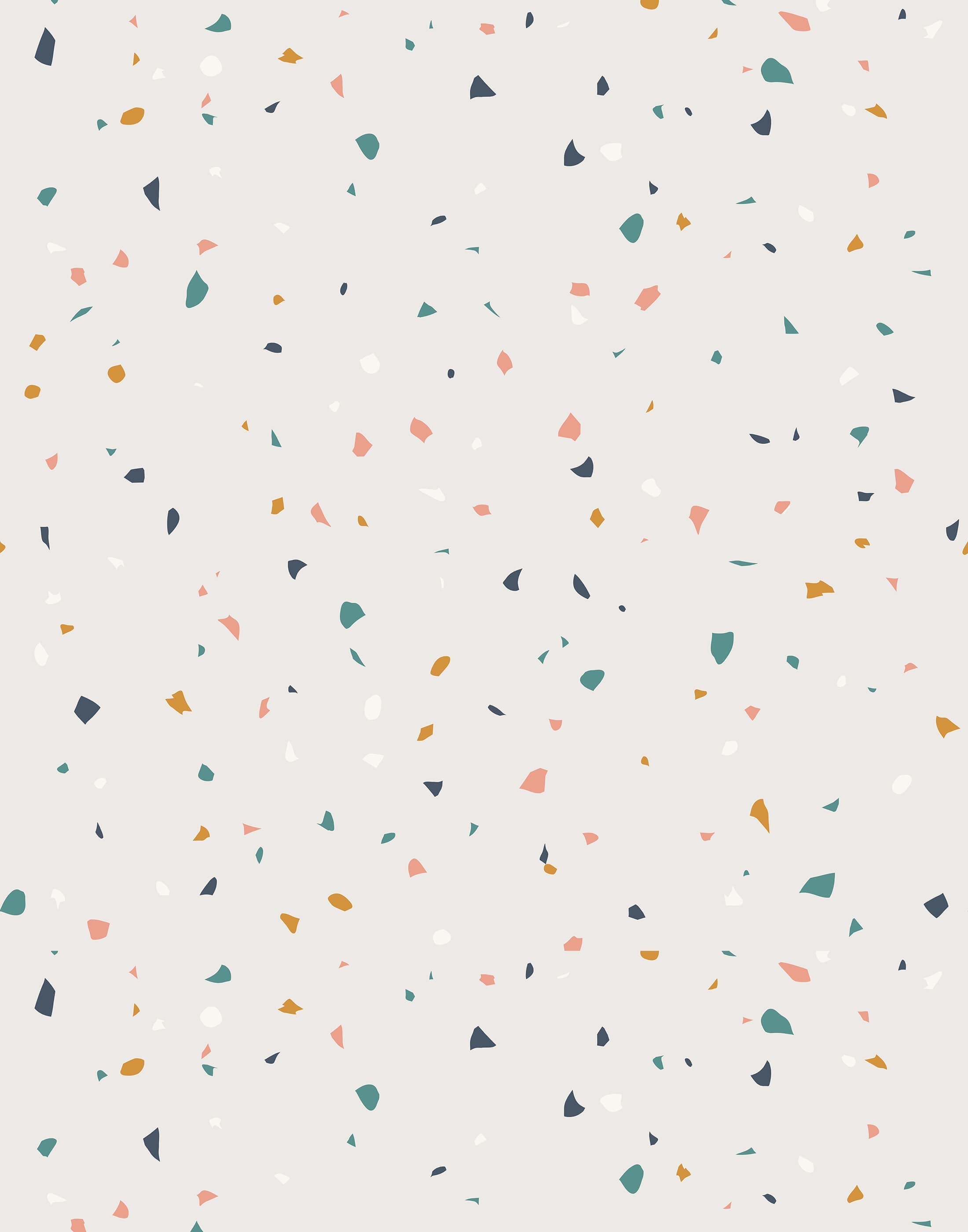 Flake terrazzo surface with light beige base and speckled teal coral pink mustard yellow dark gray and white fragments