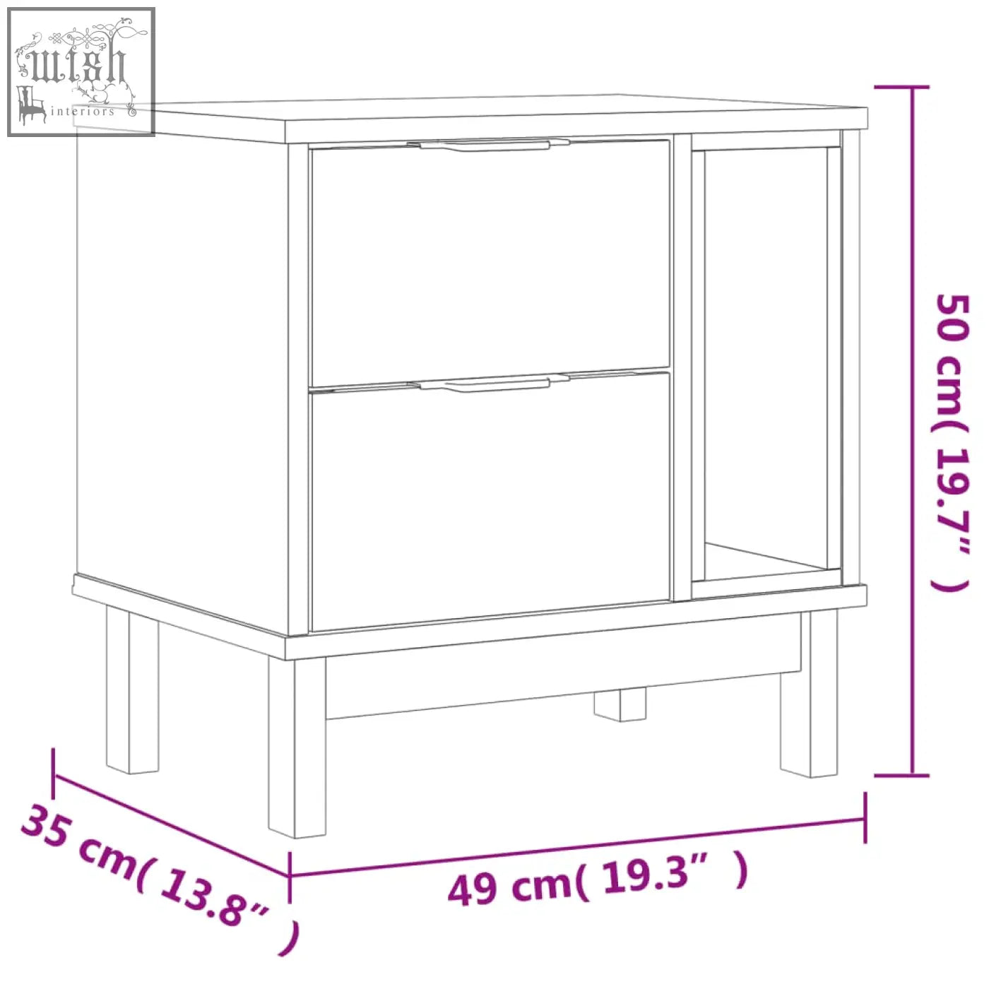 Minimalist white two-drawer nightstand with glass door and wooden legs made from solid pine wood flam pinewood 49cm