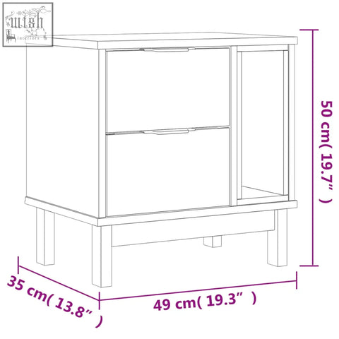 Minimalist white two-drawer nightstand with glass door and wooden legs made from solid pine wood flam pinewood 49cm