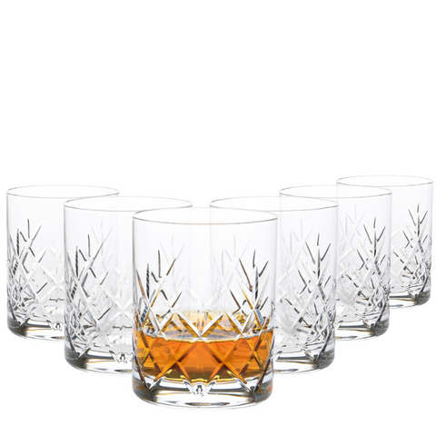 Set of six flamenco crystalite cut whisky tumblers with clear glass and intricate diamond leaf patterns, 320ml each