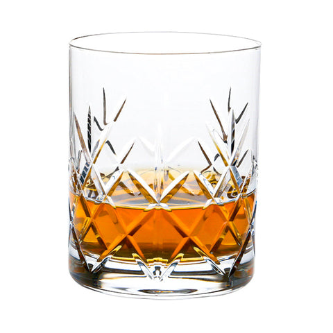 A clear flamenco crystalite cut whisky tumbler with diamond base and amber liquid in a set of 6 320ml glasses