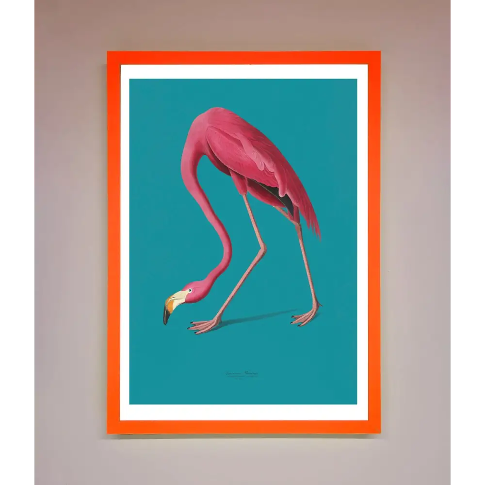 Flamingo Walks Blue Framed Print - A3 (29.7 x 42 cm) / Neon Orange - Framed Print
