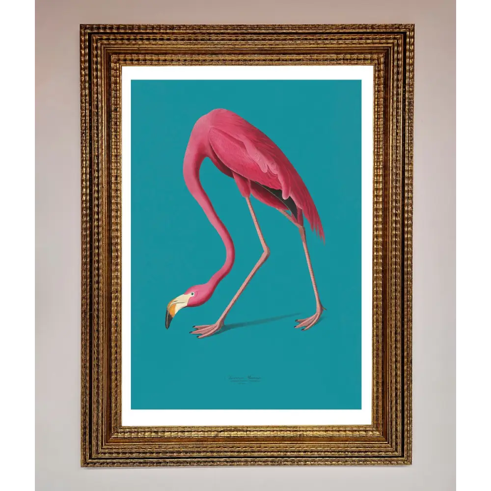 Flamingo Walks Blue Framed Print - A3 (29.7 x 42 cm) / Ornate Gold - Framed Print