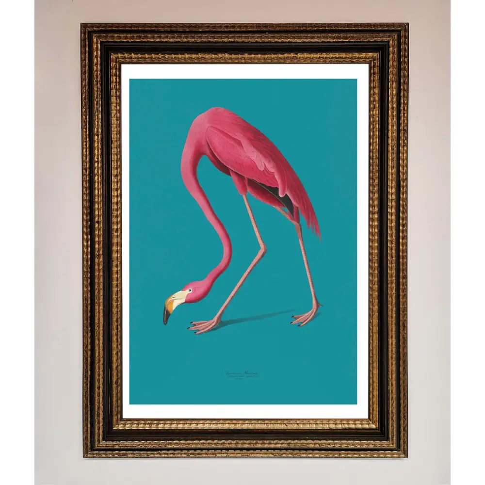 Flamingo Walks Blue Framed Print - A3 (29.7 x 42 cm) / Ornate Gold Black - Framed Print