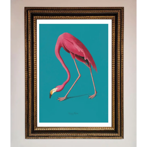 Flamingo Walks Blue Framed Print - A3 (29.7 x 42 cm) / Ornate Gold Black - Framed Print