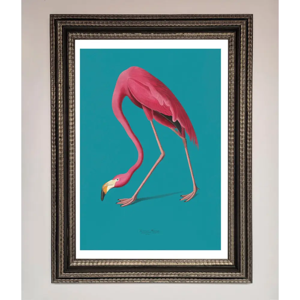 Flamingo Walks Blue Framed Print - A3 (29.7 x 42 cm) / Ornate Silver Black - Framed Print