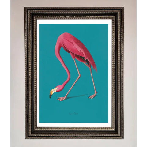 Flamingo Walks Blue Framed Print - A3 (29.7 x 42 cm) / Ornate Silver Black - Framed Print