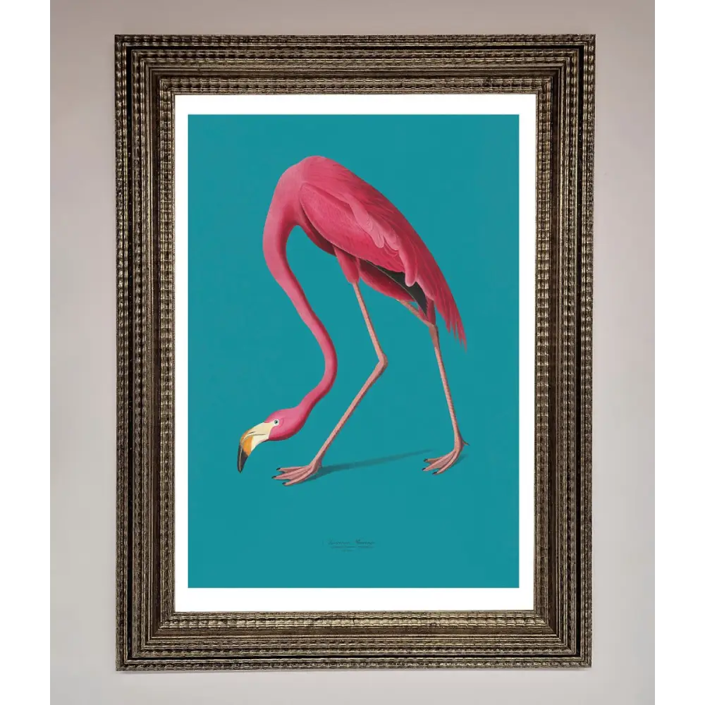 Flamingo Walks Blue Framed Print - A3 (29.7 x 42 cm) / Ornate Silver - Framed Print