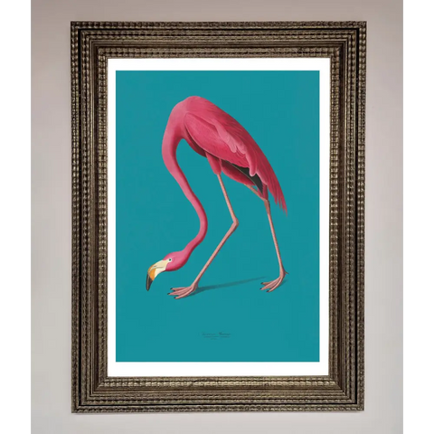 Flamingo Walks Blue Framed Print - A3 (29.7 x 42 cm) / Ornate Silver - Framed Print