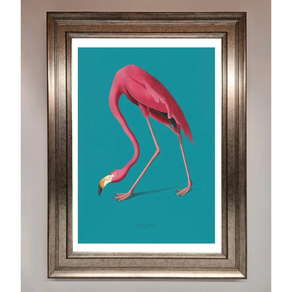Flamingo Walks Blue Framed Print - A3 (29.7 x 42 cm) / Silver - Framed Print