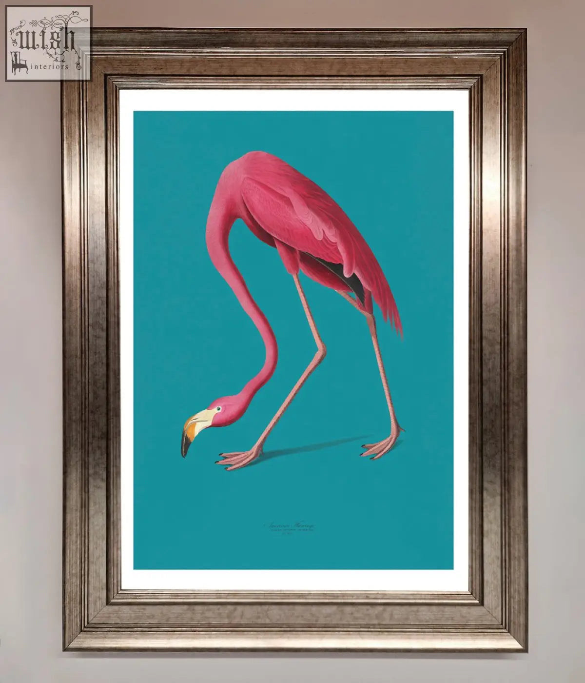 A vibrant pink flamingo illustration in a sleek metallic silver frame for flamingo walks blue framed print