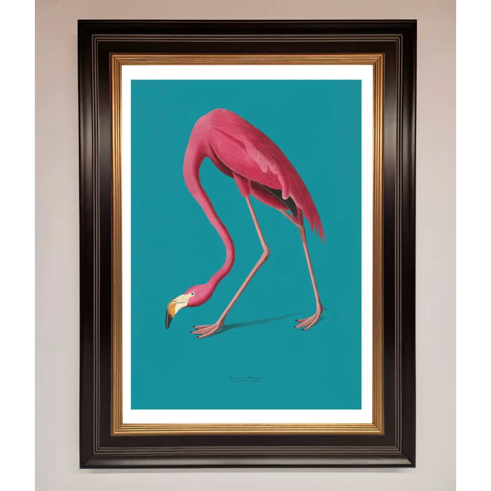 Flamingo Walks Blue Framed Print - B0 (100 x 141 cm) / Black Gold - Framed Print