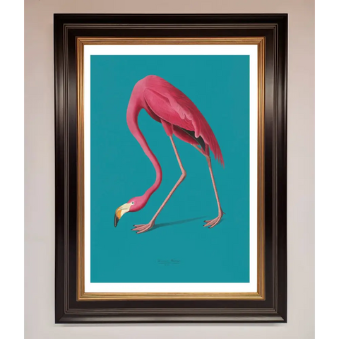 Flamingo Walks Blue Framed Print - B0 (100 x 141 cm) / Black Gold - Framed Print