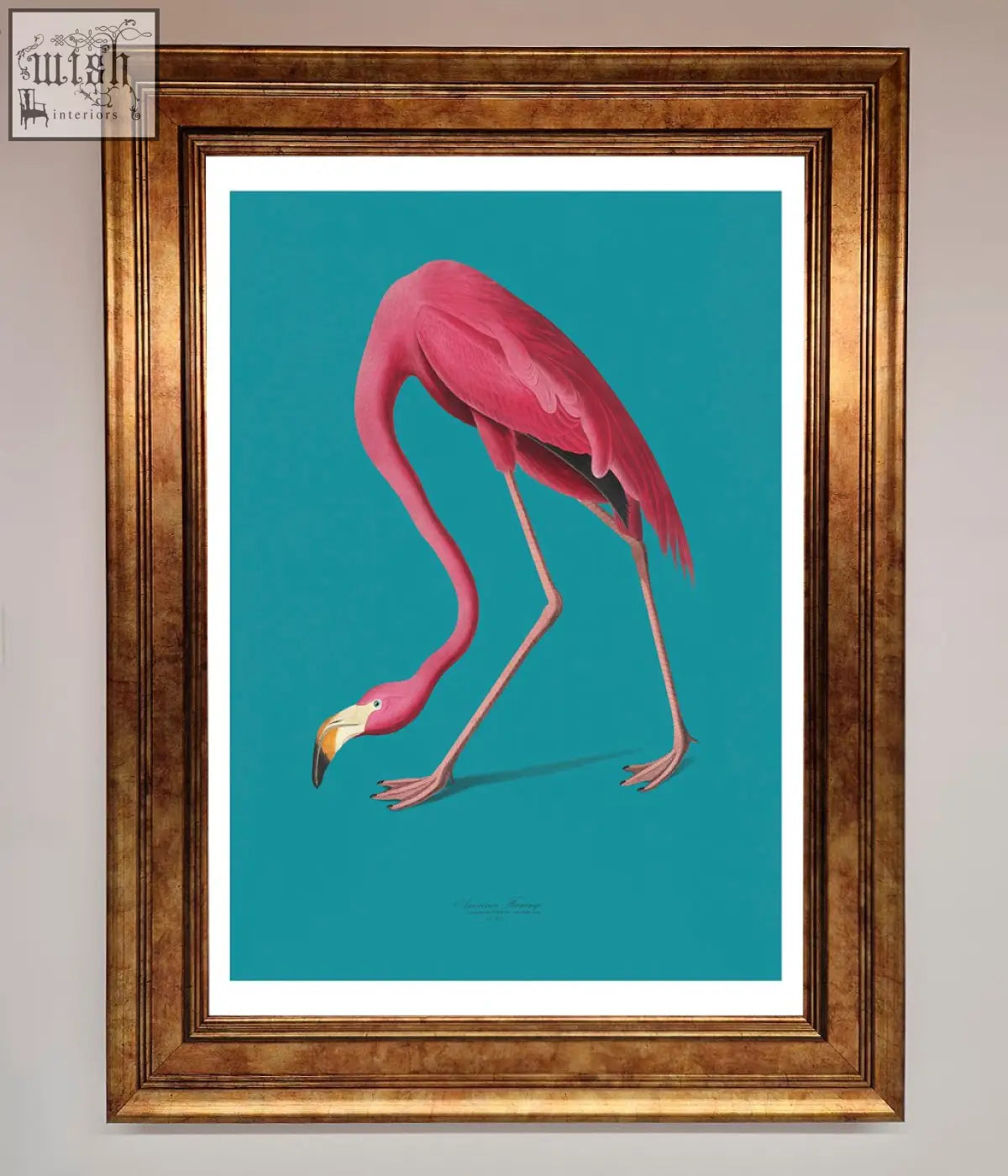 A vibrant pink flamingo illustration in a gold-toned frame set against teal background flamingo walks blue framed print