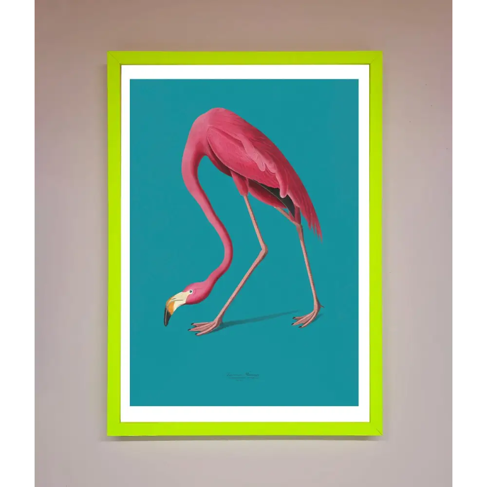 Flamingo Walks Blue Framed Print - B0 (100 x 141 cm) / Neon Green - Framed Print