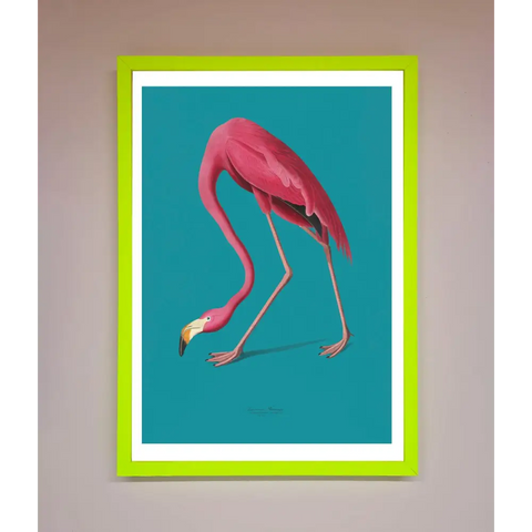 Flamingo Walks Blue Framed Print - B0 (100 x 141 cm) / Neon Green - Framed Print