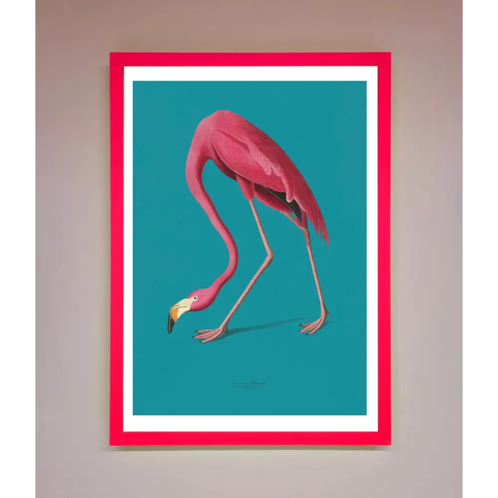 Flamingo Walks Blue Framed Print - B0 (100 x 141 cm) / Neon Pink - Framed Print