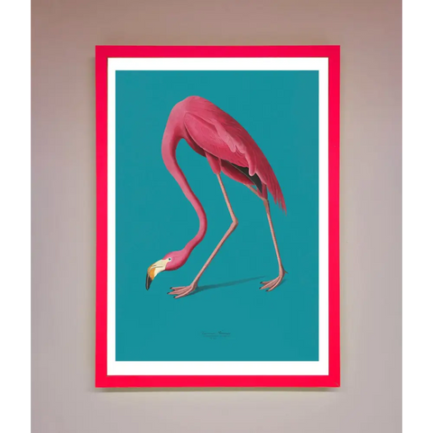 Flamingo Walks Blue Framed Print - B0 (100 x 141 cm) / Neon Pink - Framed Print
