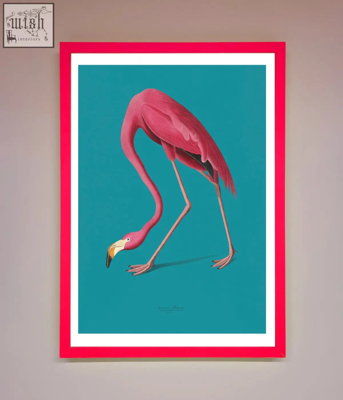 A vibrant pink flamingo walks blue framed print with bold red frame on teal background perfect for home decor