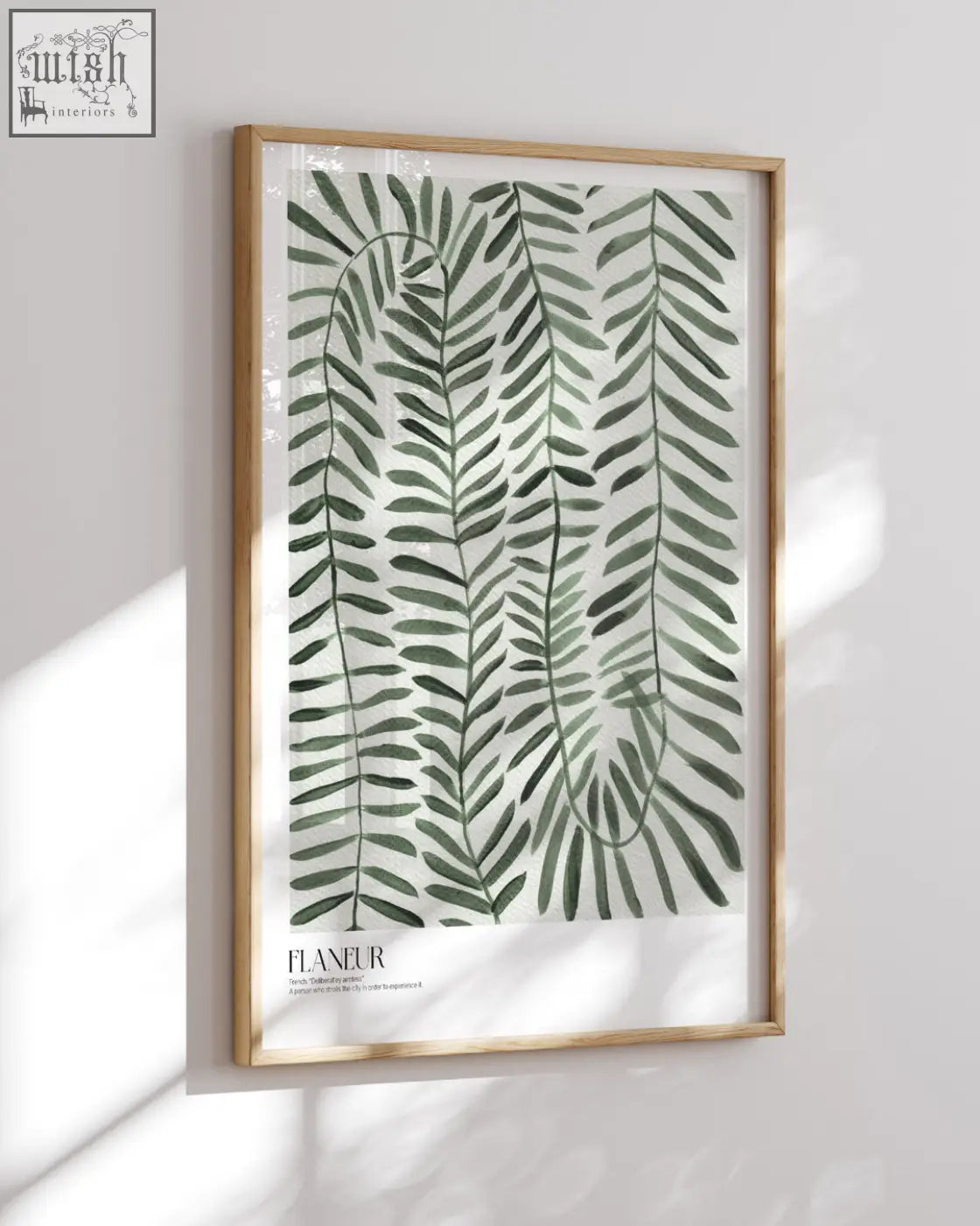 A flaneur nature art print featuring stylized green fern leaves on light background in a natural wood frame acrylic paint