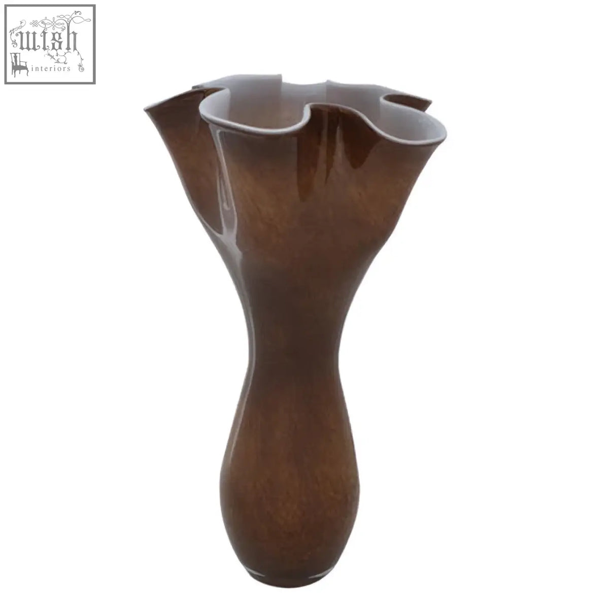 A sleek chocolate brown glass vase with a flared ruffled rim and tapered body perfect for stylish decor