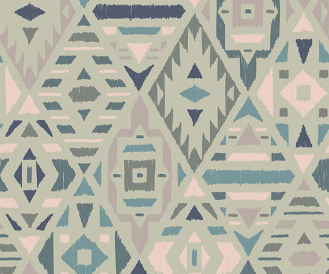 Fleece fabric with geometric patterned wallpaper design of triangles diamonds in muted blue pink gray and beige tones