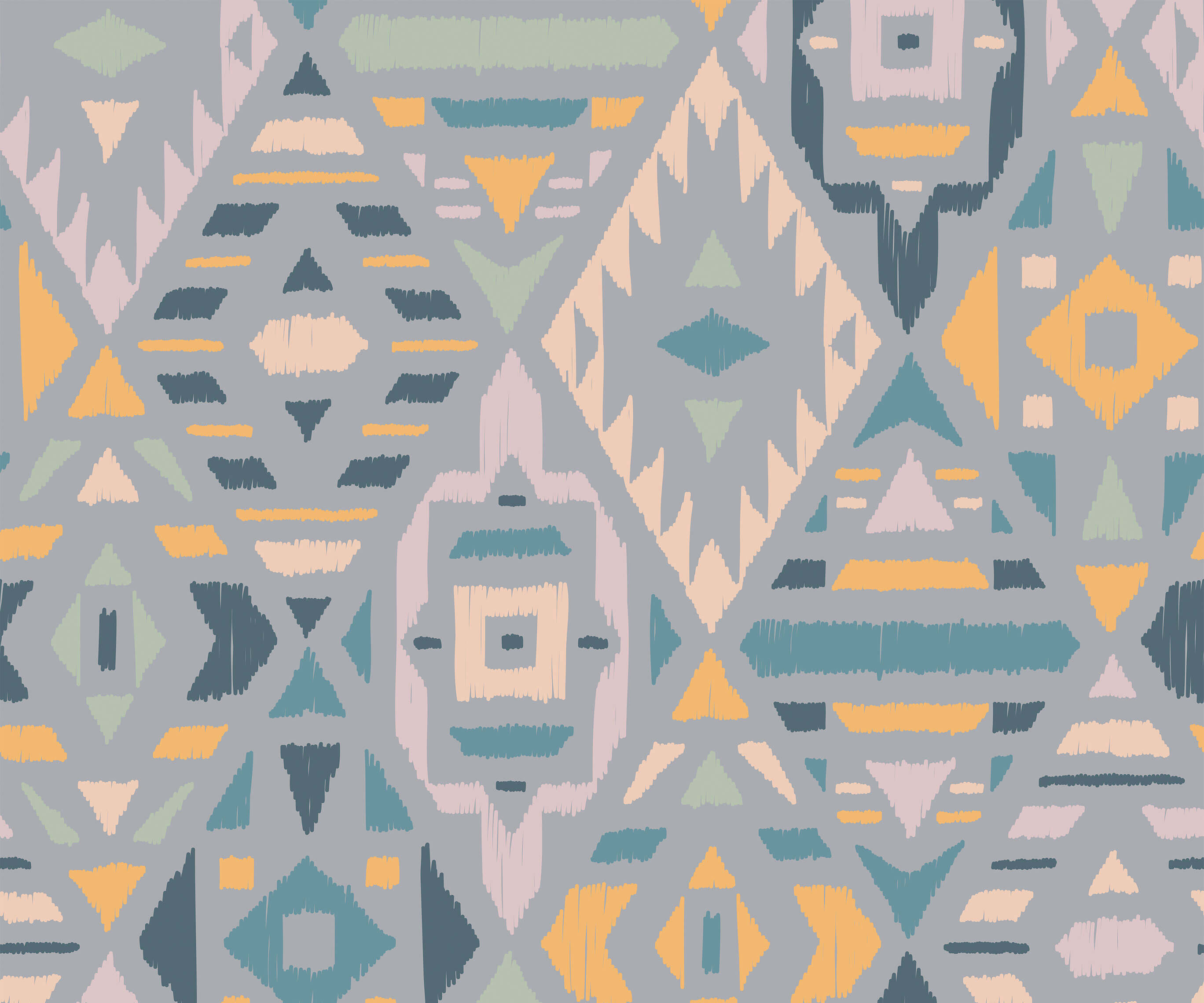 Fleece fabric with geometric patterned wallpaper design in muted gray teal yellow and beige with textured brushstroke finish