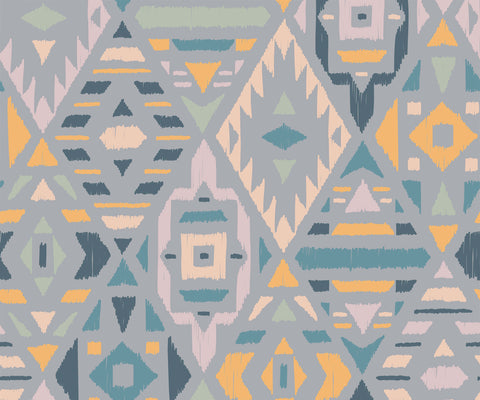 Fleece fabric with geometric patterned wallpaper design in muted gray teal yellow and beige with textured brushstroke finish