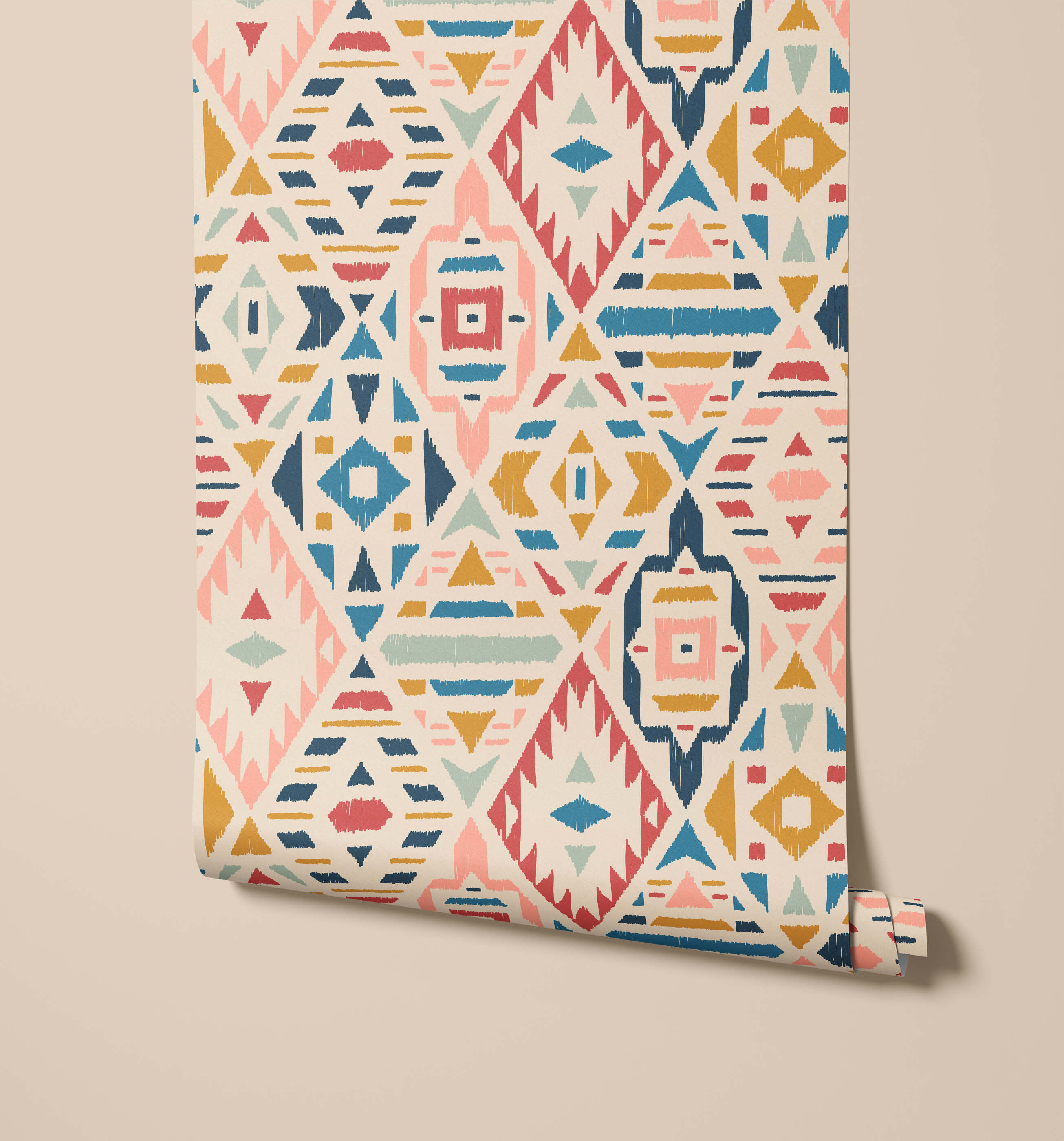 A roll of fleece wallpaper with a vibrant geometric pattern in pink blue yellow and teal on off white background