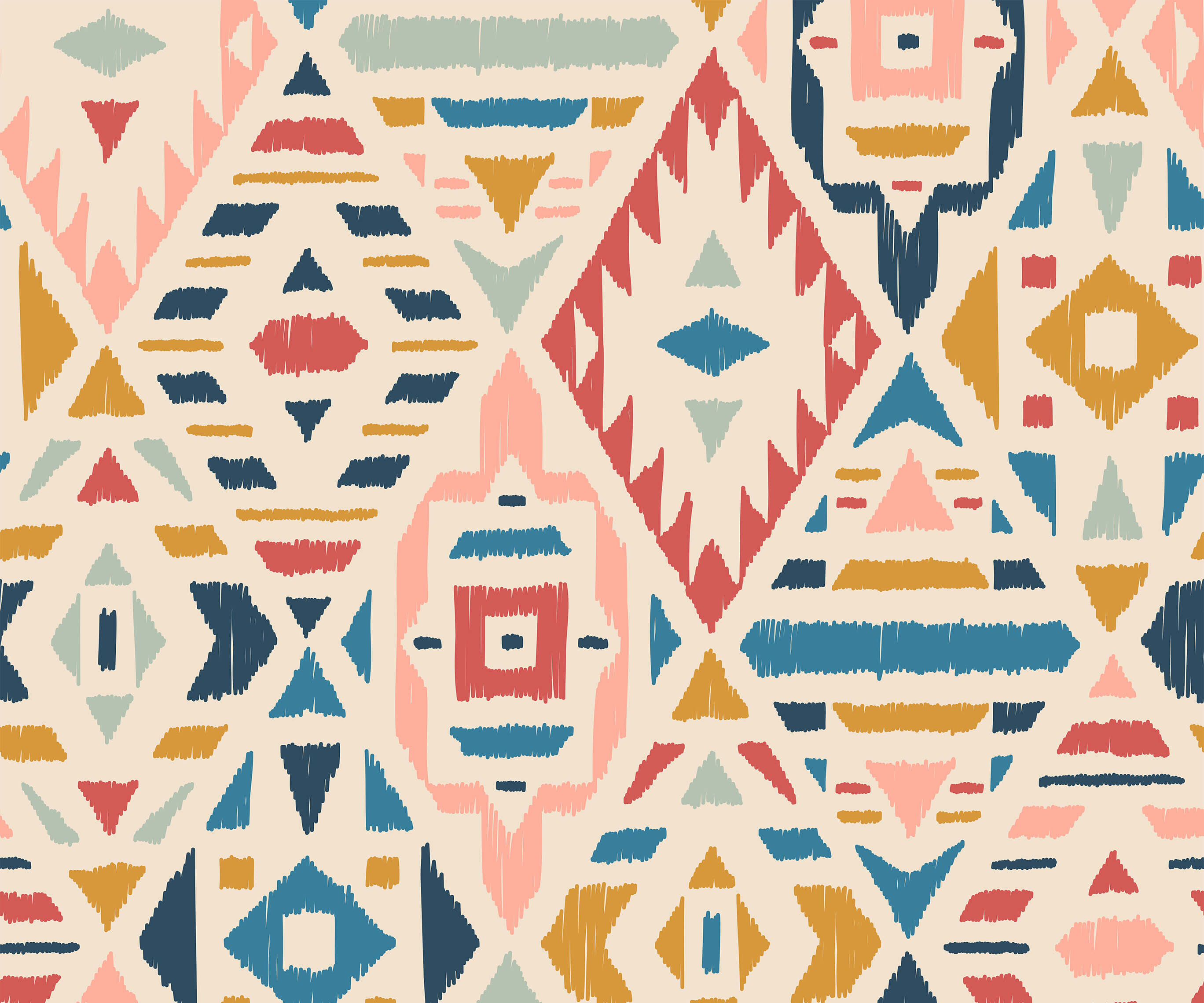Fleece with vibrant geometric tribal pattern in bold reds blues yellows on cream background for cozy wear