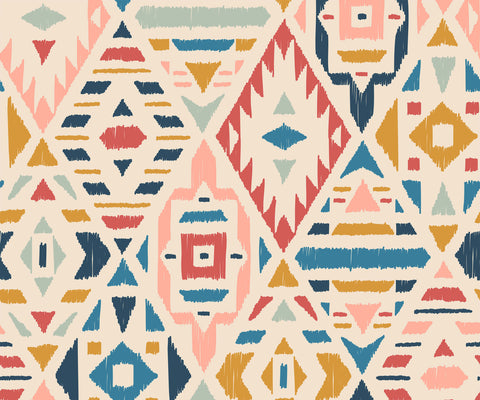 Fleece with vibrant geometric tribal pattern in bold reds blues yellows on cream background for cozy wear