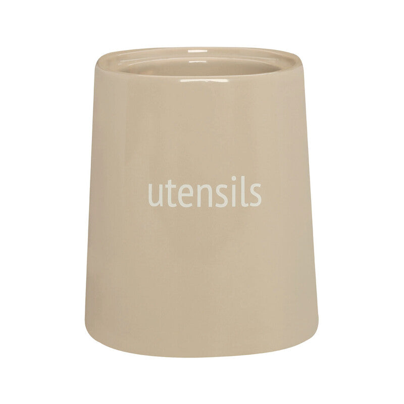 Fletcher beige ceramic utensils holder with a smooth glossy finish and utensils subtly etched on the side