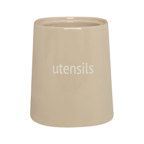 Fletcher beige ceramic utensils holder with a smooth glossy finish and utensils subtly etched on the side