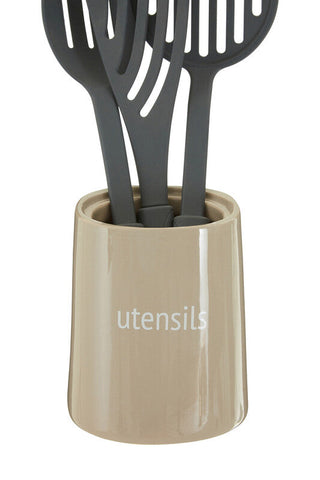 Beige ceramic utensil holder with utensils printed in white perfect for kitchen organization and storage