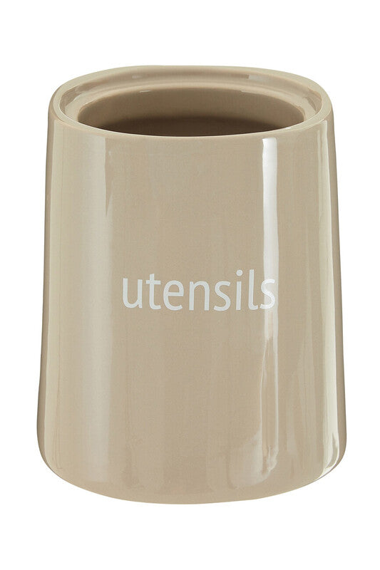 Fletcher beige ceramic utensils holder with glossy finish and white utensils print for kitchen use