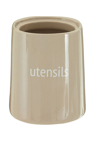 Fletcher beige ceramic utensils holder with glossy finish and white utensils print for kitchen use