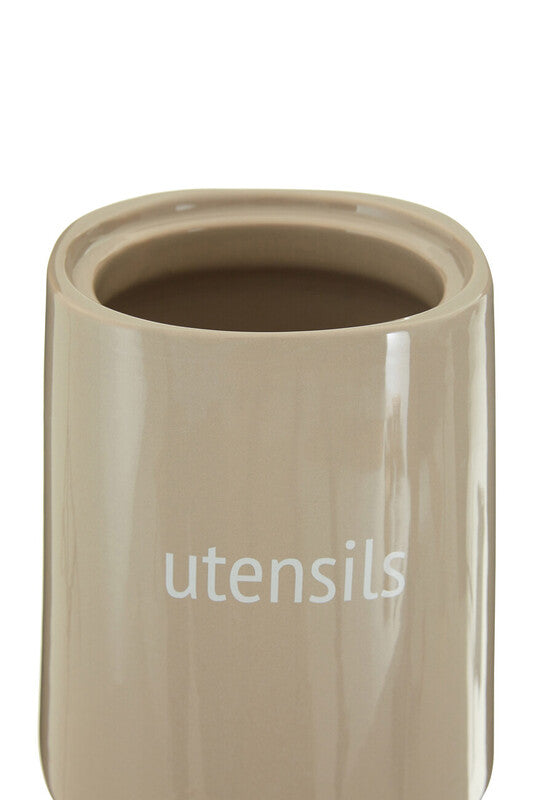 Fletcher beige ceramic utensils holder with glossy finish and white utensils print for kitchen storage