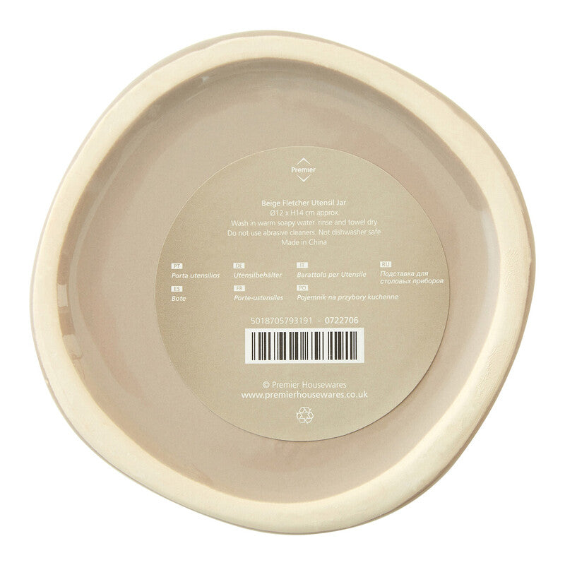 Fletcher beige ceramic utensils holder with a smooth rounded rim and matte finish for kitchen storage