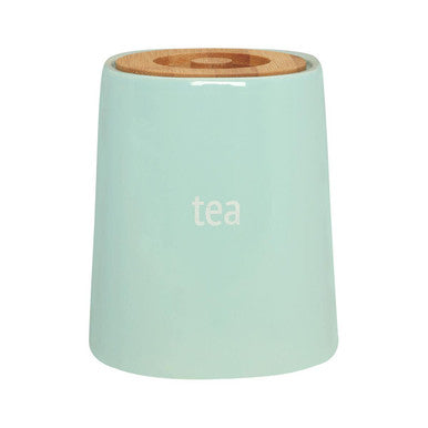 Mint green ceramic tea canister with natural wood lid from the fletcher blue ceramic tea collection