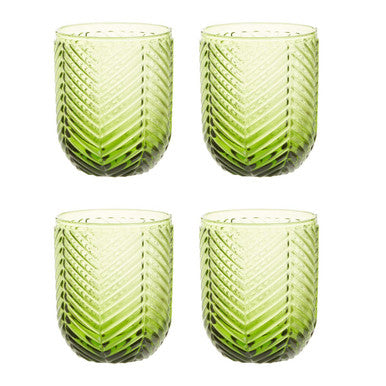 Set of four green tumblers made of lime green textured glass with a chevron pattern from the fleur set